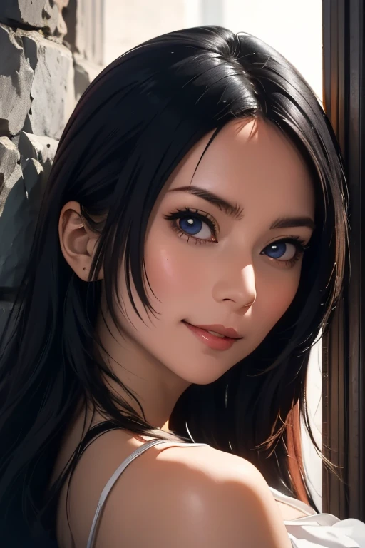 Beautiful Asian woman with a flirtatious smile, Super busty Ronin wearing a gold lace kimono, Meiji Restoration, blue eyes, focused on the audience, Jimbo&#39;s, cleavage, Drop your shoulders, hd, Uhd, WLOP, art germ, braided hairstyles, big anime eyes, realistic eyes, very detailed目, natural skin, natural skin texture, Scattered beneath the surface, calm colors, skin pores, perfect face, perfect eyes, perfect lips, supple female form, Brilliant, cinematic, film light, very detailed, surreal, masterpiece, in the atmosphere, High resolution, lively, high contrast, dark angle, 8k, hdR, 500 pixels, view from above, half body portrait