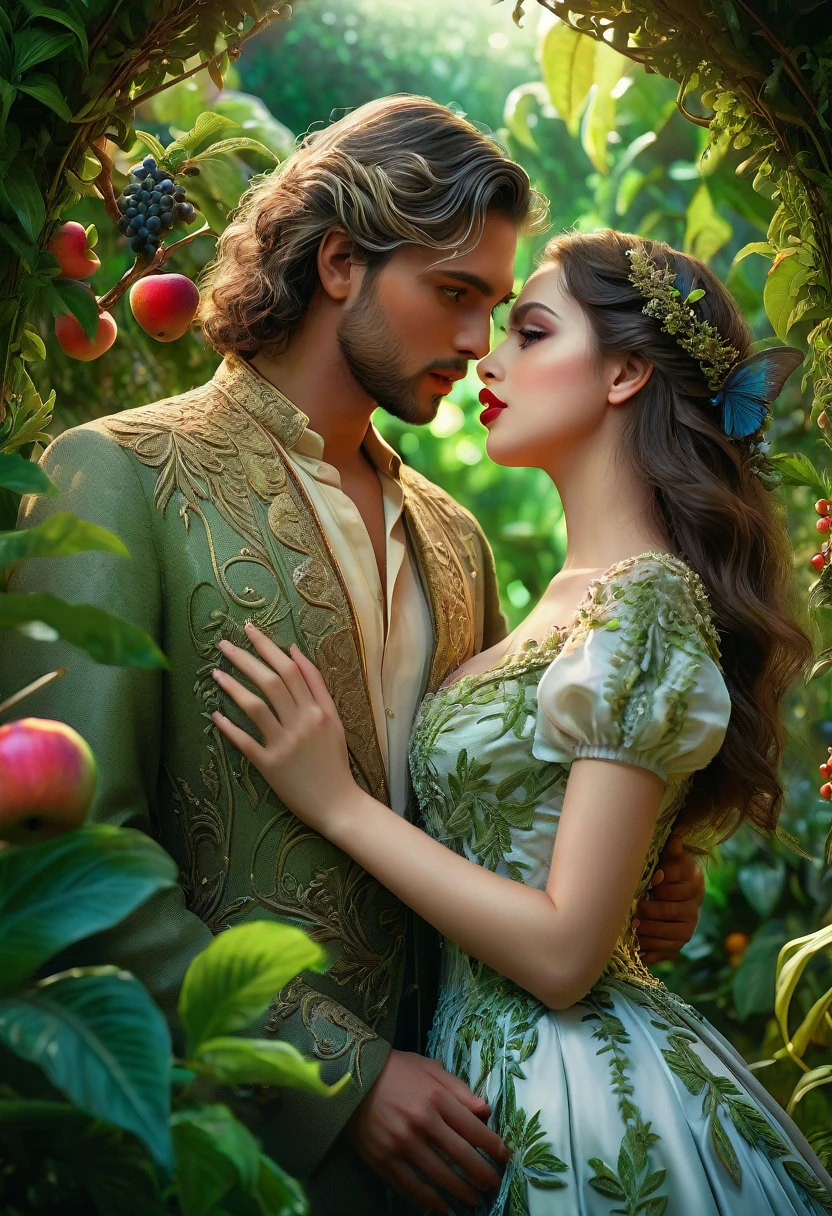 Couple kisses a house and a woman with much affection, the man Neels Visser is a prince who has golden blonde hair, wears a medieval military outfit and is in love with the commoner woman Lily Collins, who has dark curly black hair and wears a red dress, illustration of a romance book cover with a detail, smooth, bright background full of flowers ivy toppings and red roses, castle, ornate dress standing on a bed of roses, edge light, lighting lighting, ethereal lighting, ultra detail, concept art, elegant, surreal, art by Lisa Aisato, Greg Hildebrandt, Citemer Liu, Stjepan Sejic, Samyang, Aykut Aydogdu, Justin Gerard, Alphonse Mucha, Artgerm, WLOP and Greg Rutkowski