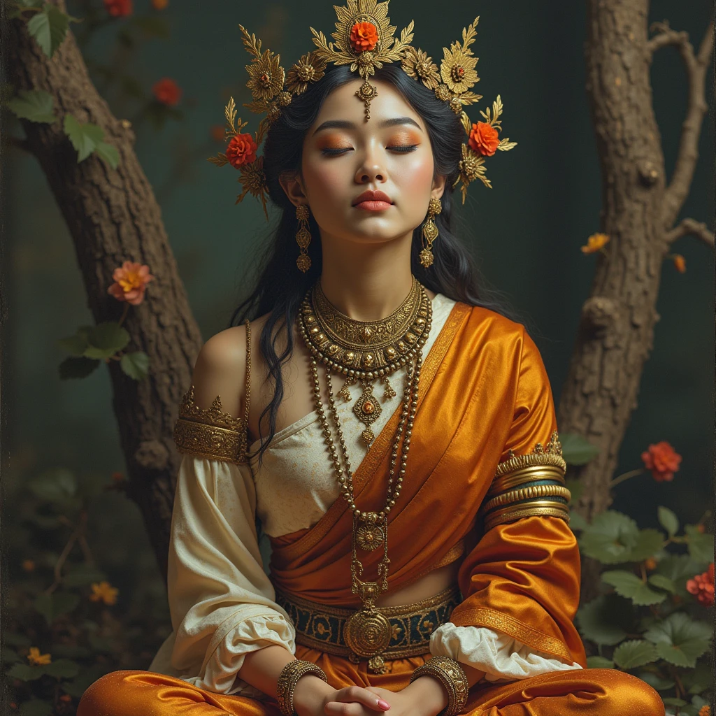 Arafed woman in orange dress sitting in a garden with flowers - SeaArt AI