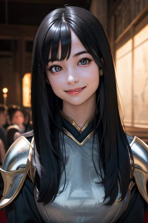 Highest quality High resolution Simple Inside the Dark Castle:2.0 暗い石でできたDungeonsのような廊下 Torch Light Long Bangs Adult female Beautiful girl in iron armor Casual expression cute smile Beautiful Eyes One Woman long side hair Very black hair Shiny long hair Straight hair cute目 Dungeons ((head to foot:1.8))