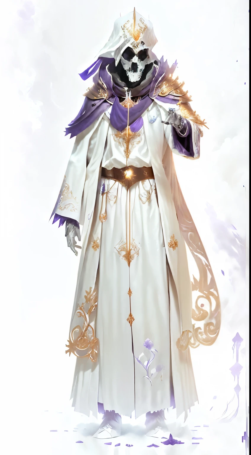 Skelleton, skull, Anime character dressed in white and purple suit with a sword., cleric, picture of a male cleric, gold and white robes, from the anime Overlord, White and purple full body cape, overlord, dressed like a cleric, Purple and white full body cape, gold and white robes, shigenori soejima illustration