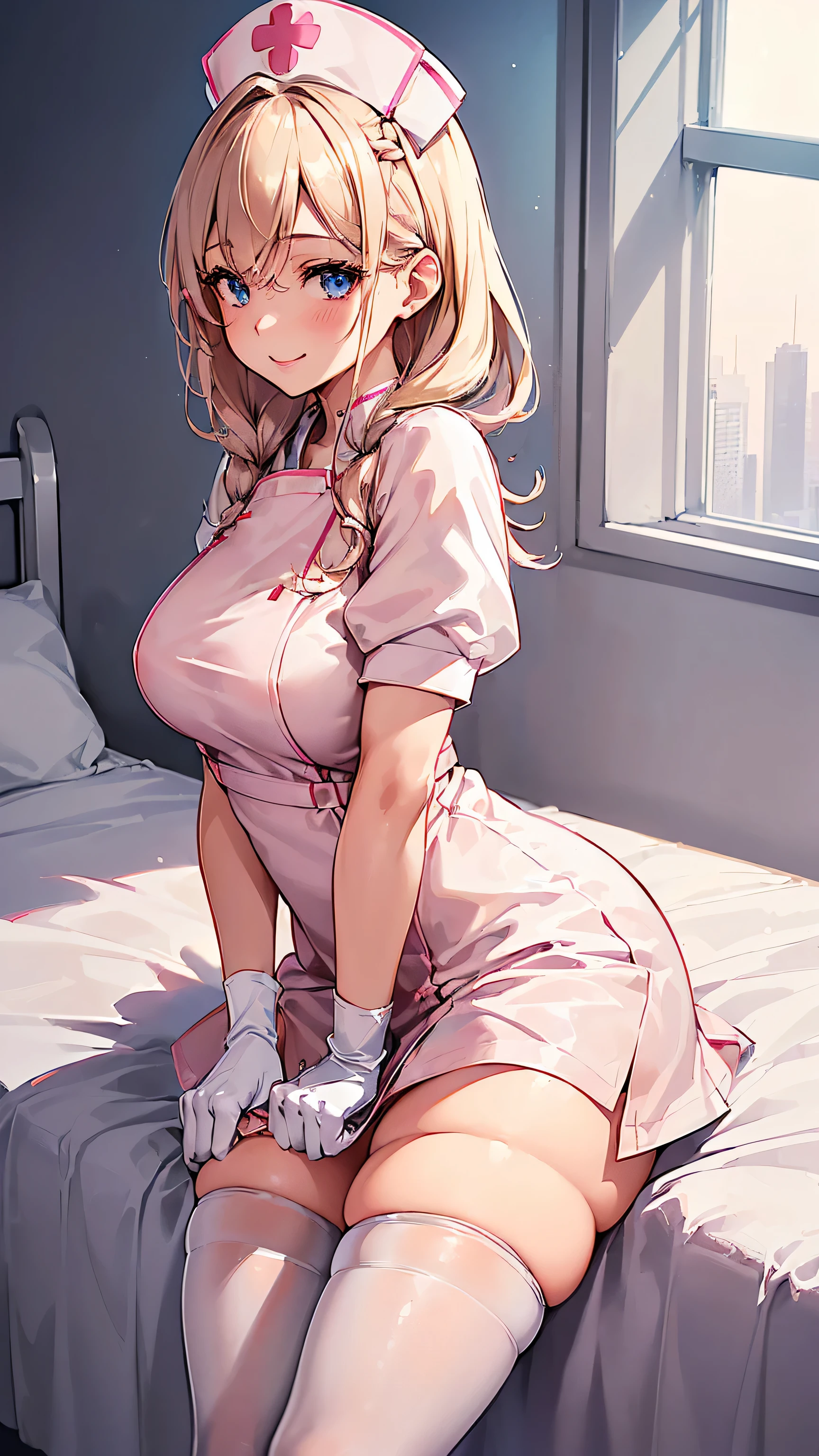 masterpiece, best quality, highres, hmnc1, animal ears, tail, dark skin, multicolored hair, nurse cap, nurse, <lora:nekoyo_chloe_v1:0.7>, standing, cowboy shot, hospital