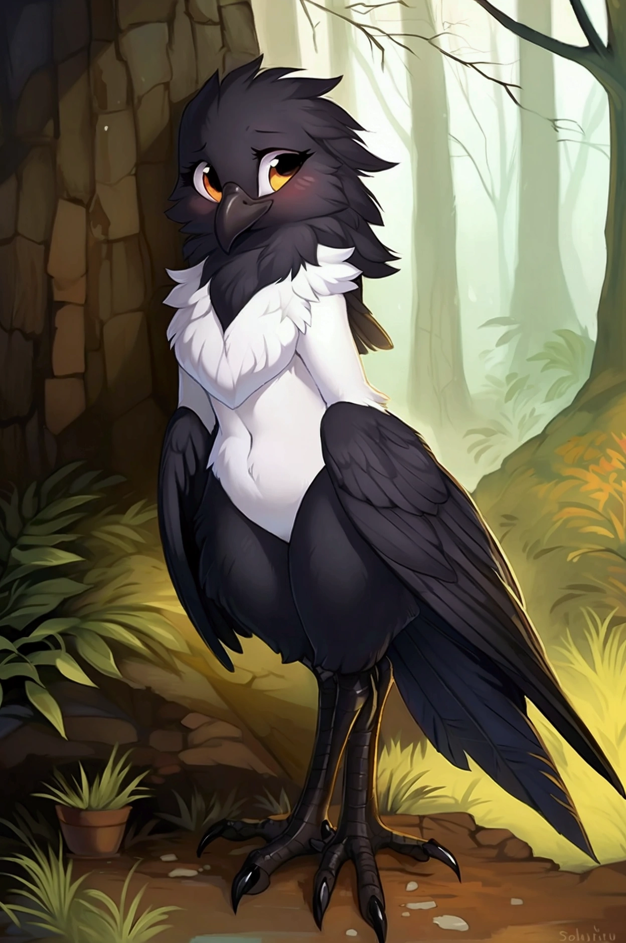 ultra-detailed, masterpiece, masterwork, high quality, best quality, hdr, (nature, japanese style), nsfw, male, solo, avian, chibi, (nude), (white little body crow), (long silver hair, beak, horn), detailed yellow eyes, tsurime, hip focus, dynamic angle, (micropenis, foreskin, perfect balls), wings, cross your arms