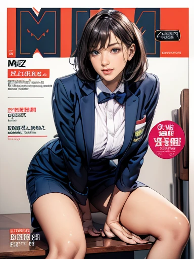 (((magazine's cover))), (large title), (many heading), (white border), (whole body), straddling to hit her crotch on corner edge, open legs, raise leg, open mouth, masturbation, ecstasy face, in the mall, customers, ceiling, floor,