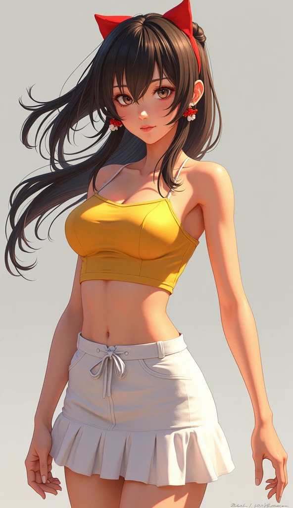 A fit young woman in her 20s. on the stage. She is wearing a yellow sports bra and grey yoga pants. Her long, wavy black hair , with a gentle smile. 카메라를 바라본다
huge boobs,she is walking .