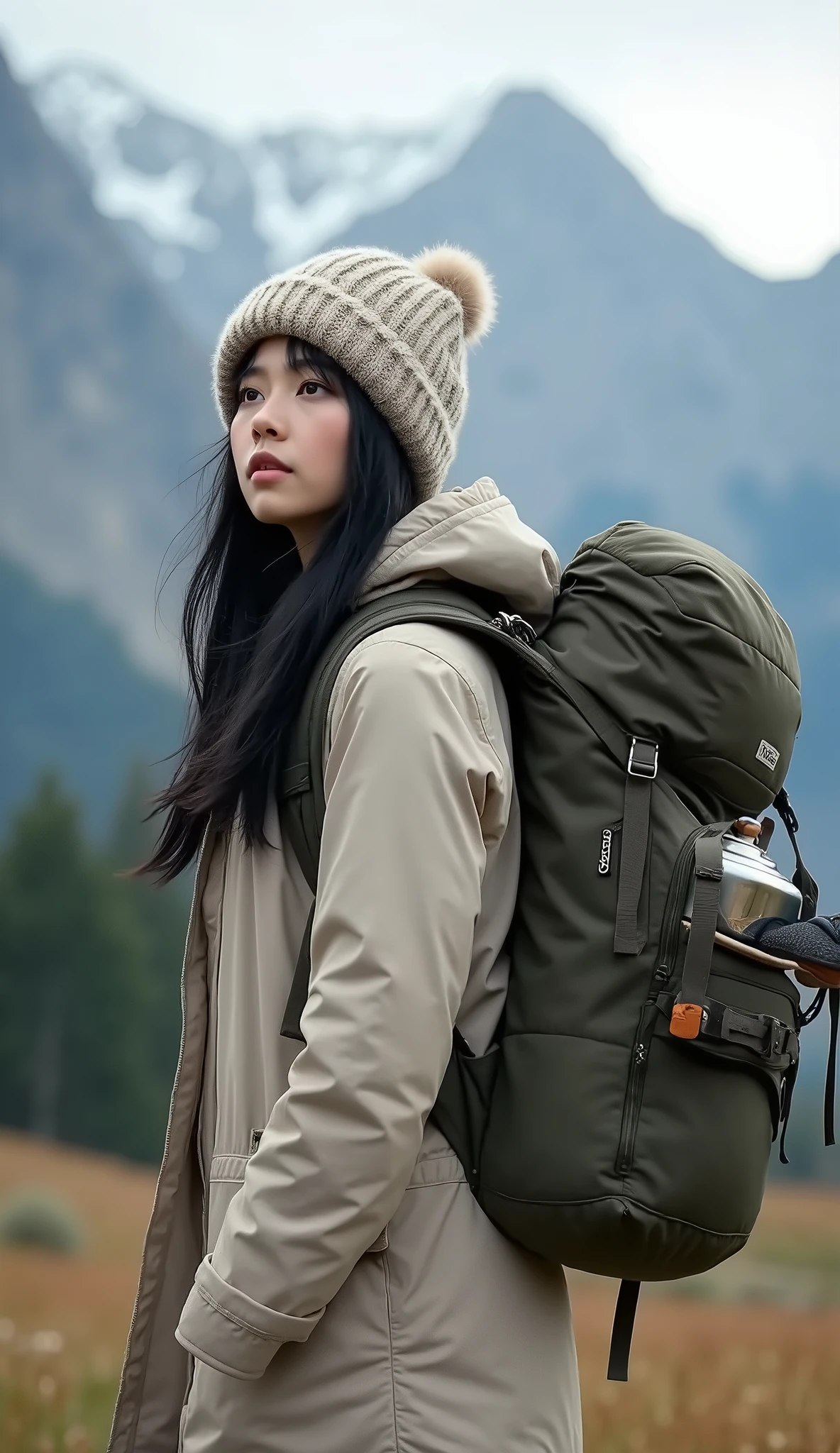 live-action、Real、Very beautiful Japanese backpacker woman、Light beige mountain parka、Knitted hat、For a very large backpack、Sleeping bag and kettle、Many items such as shoes are attached