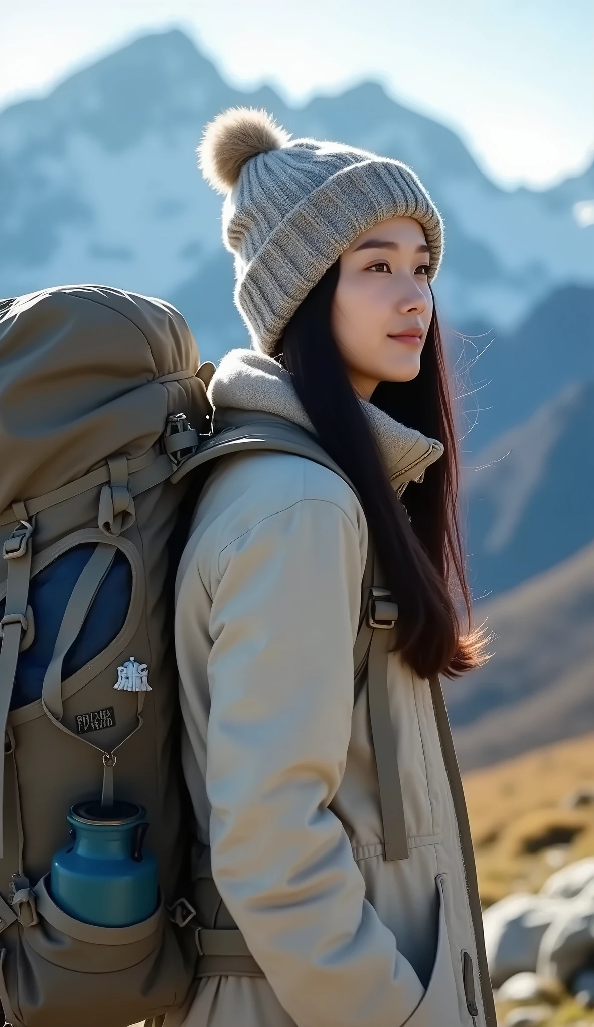 live-action、Real、Very beautiful Japanese backpacker woman、Light beige mountain parka、Knitted hat、For a very large backpack、Sleeping bag and kettle、Many items such as shoes are attached