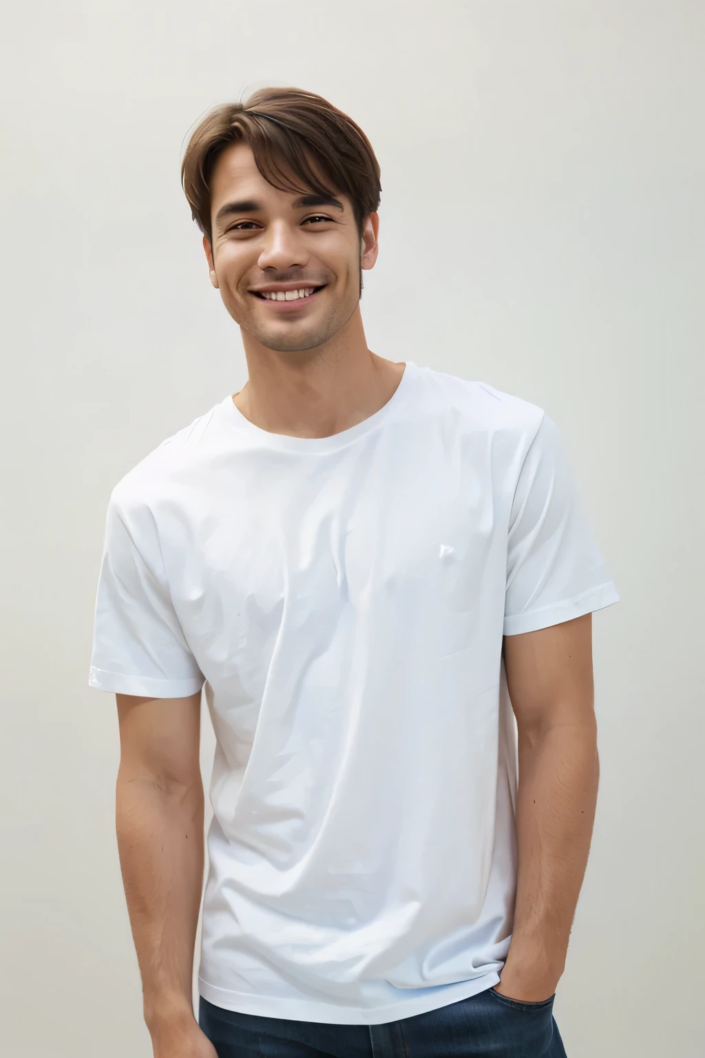 An elegant young man with a casual-chic look. He has a modern haircut that gives him an air that's both neat and approachable. His expression is gentle yet confident, with a subtle smile that invites curiosity. He wears a close-fitting white linen t-shirt, which emphasizes his muscularity without being too ostentatious