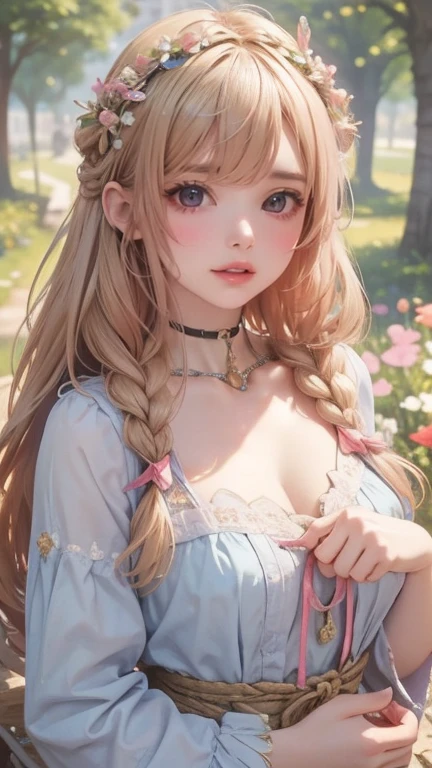 A beautiful sensual curvy blonde tween wearing a sweet Pink Contrast Mesh, Ruffle Hem, All Over cherry blossoms Print, A Line, Short puff Sleeves, Sweetheart neckline, thin gold belt with tiny heart buckle, High Waist,Flounce hem Long gown, very long curling hair, cute, sweet, town picnic, warm atmosphere, pretty, pretty lighting, 8k, octane render, detailed, detailed background, 35mm, realistic, photorealistic, perfect face, cherry blossoms barrettes in hair, freckles, ((American face)), American