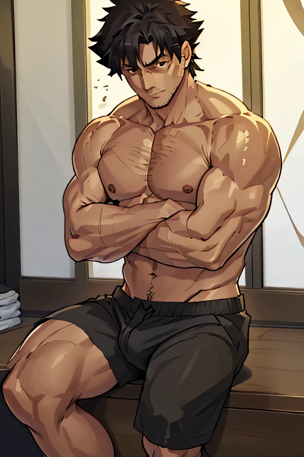 Kiritsugu is sitting and flexing his bicep. He is shirtless. He wears black short boxershorts. You can see his thighs completely. He has a huge bulge. He is admiring his arms. His arms are full of visible huge veins