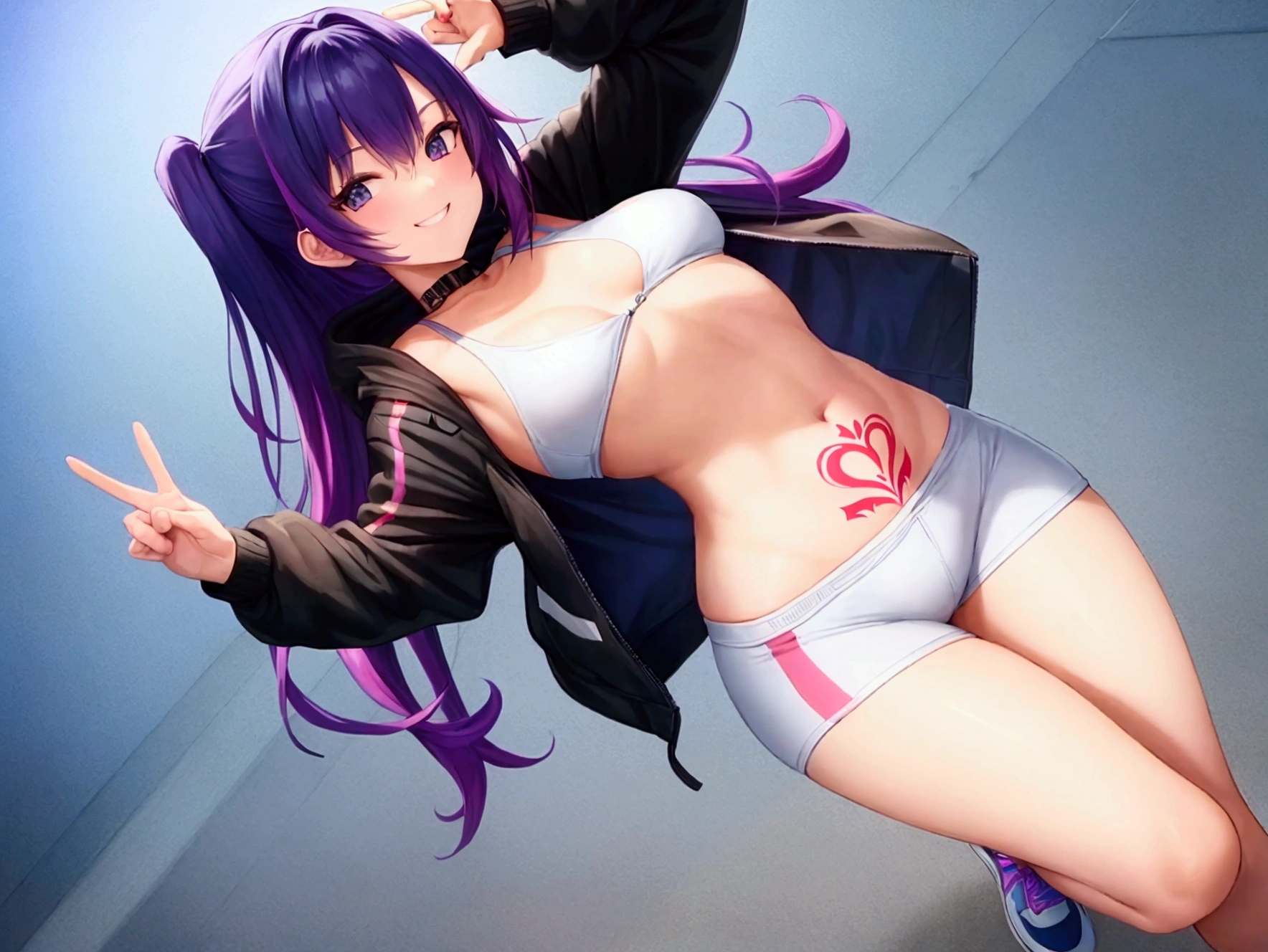 Solo,((Only one person)),((Whole body from head to toe)),(()),Revealing clothing,Navel,Small,Yukari Hyuga, View here, ((Quite an embarrassing face)),red blush,Purple hair, ((Quite an embarrassing face), ((Quite an embarrassing face),,((Whole body from head to toe)),((Troubled face)),((Impatient))