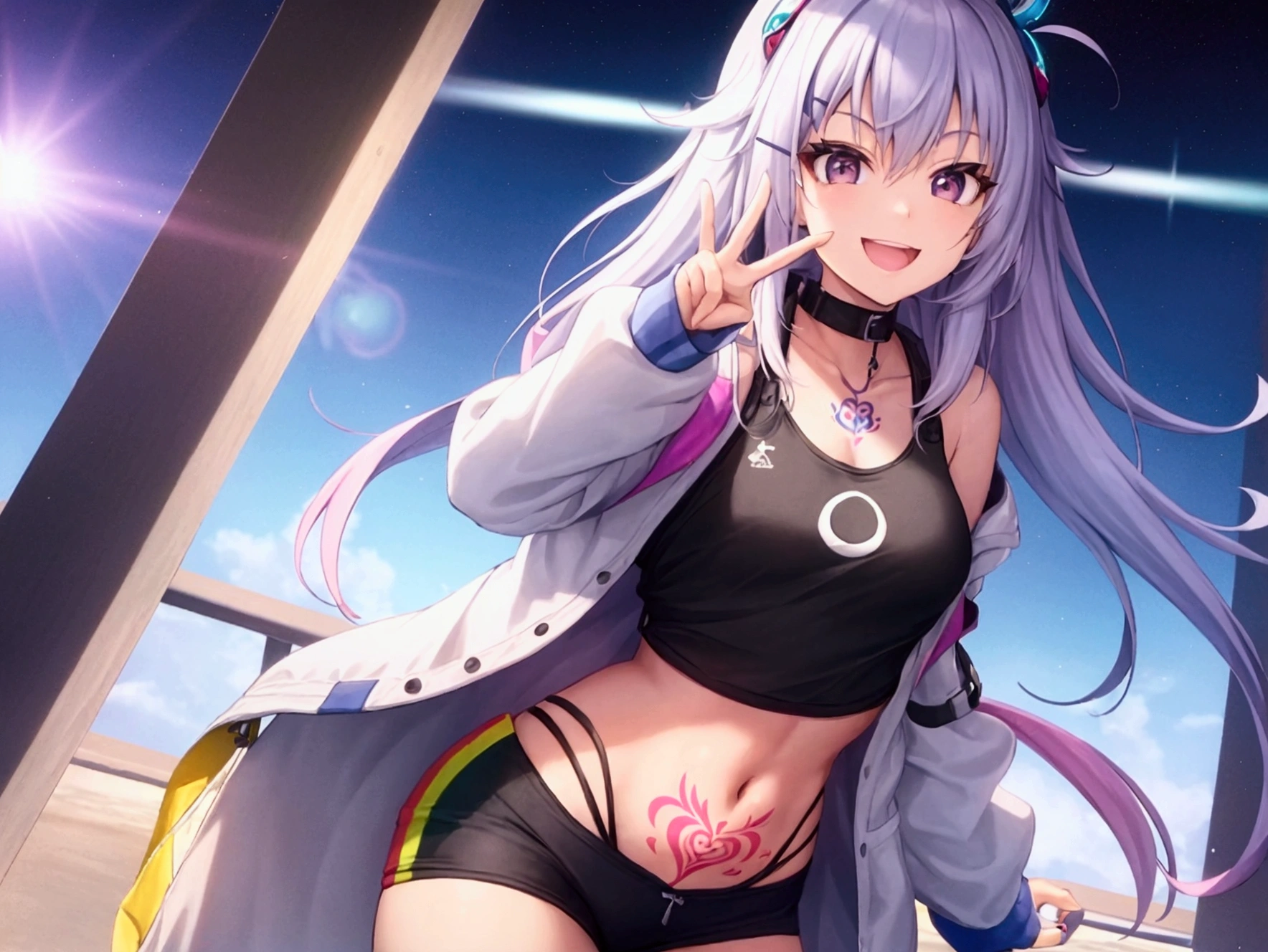 1girl, x hair ornament, belly, night, stadium background, cute face, smiling,nsfw,(blushing:1.3), (cum on stomach:1.4),modest breasts