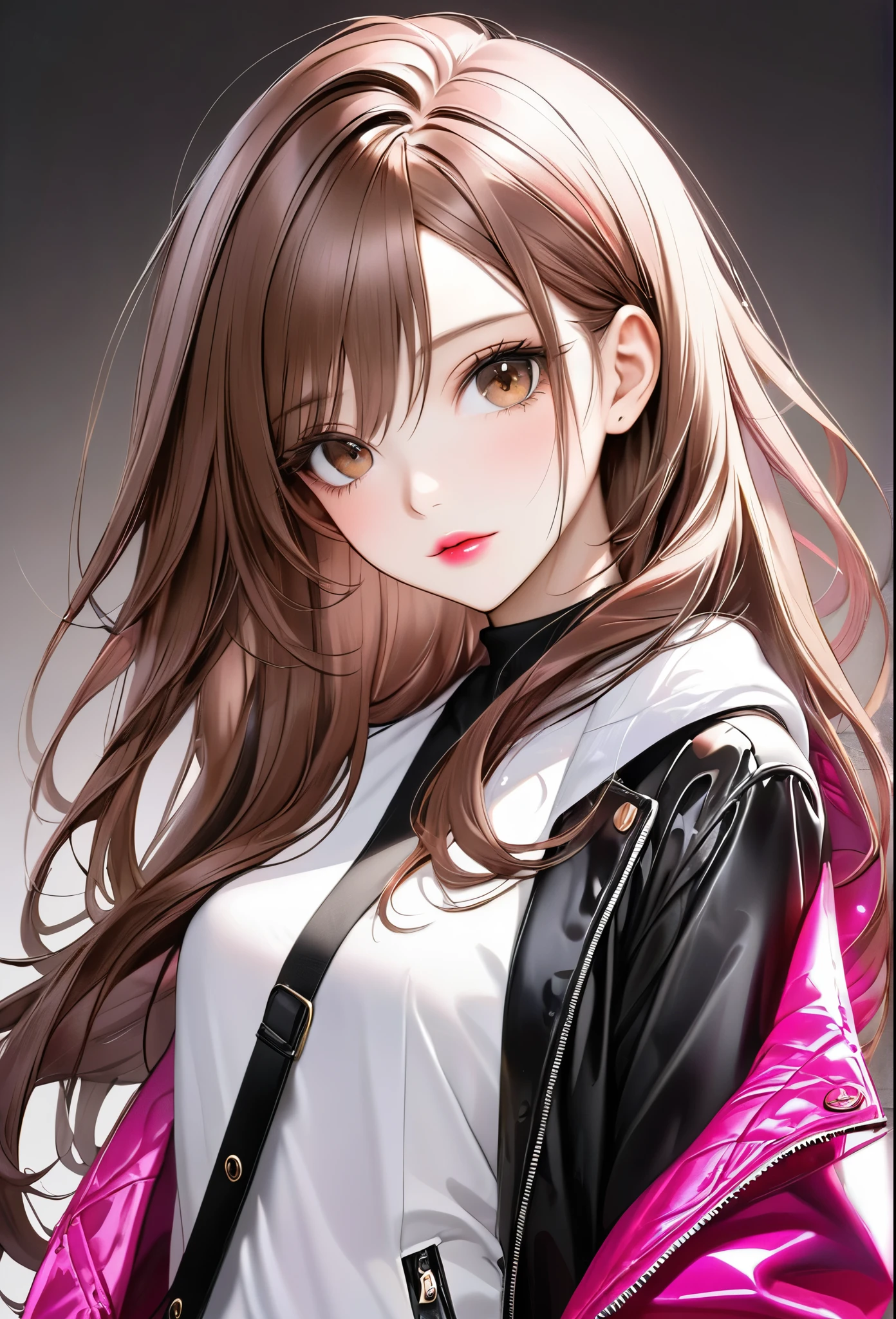 girl, long brown hair, brown eyes, sharp features, White skin, Shiny pink lips, good looking, Perfection, Jacket.