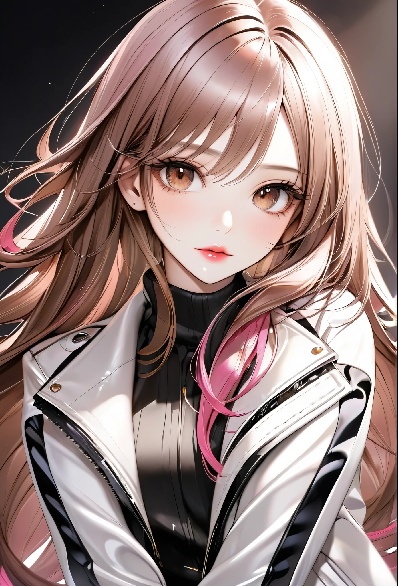 girl, long brown hair, brown eyes, sharp features, White skin, Shiny pink lips, good looking, Perfection, Jacket.