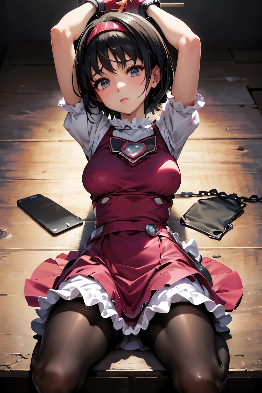 Erica、Pokémon、Black Hair、Short Hair、((Cure Melody))、Large Breasts、Jail、One girl、((pantyhose))、(Long gloves)、(first round)、(Chained)、((Crucified on the examination table))、(Being restrained)、Leg spread