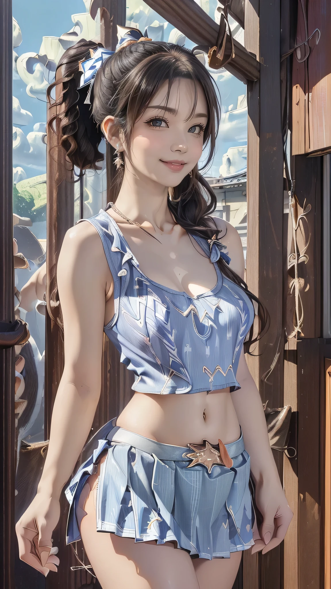 See-through open-chested cheerleader costume 1:4、Transparent nipples 1:4、Leaning forward、Sheer skirt 1:4、pantyhose、1. Highlighting erect nipples:4、forest、Blue braids