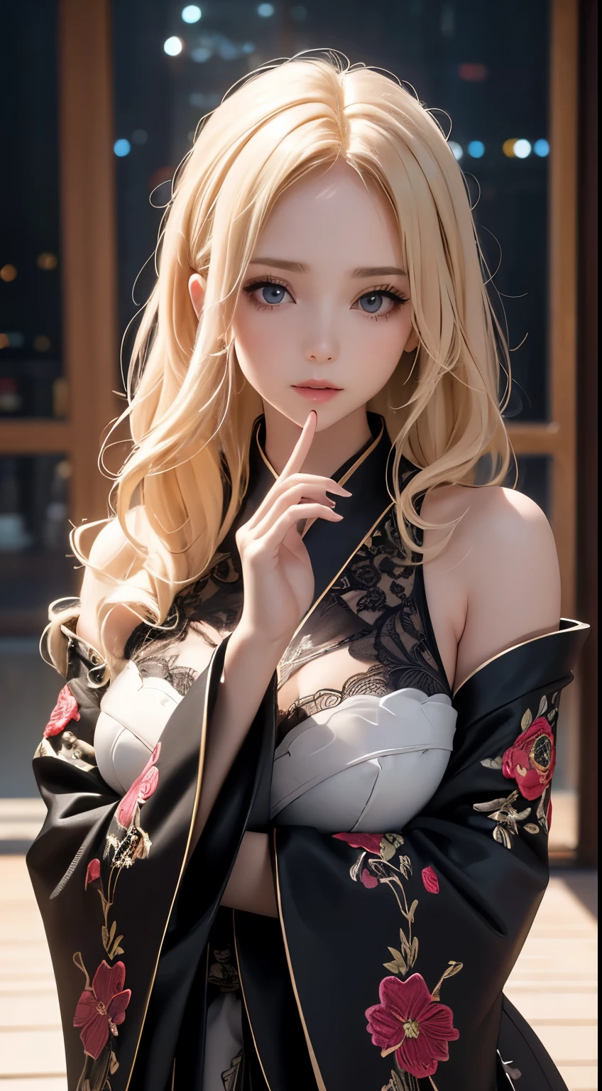 A beautiful woman, Light blonde hair, soft loose curls, black gloves, Elaborate Costumes(High-end kimono(Black kimono(Detailed embroidery))), black lace gloves,  Light blonde hair, soft loose curls, elegant and mysterious atmosphere, indoor setting, smooth pale skin, reflective and contemplative pose with a hand near the face, dark and moody background, close-up shot with shallow depth of field highlighting the texture and intricate design of the dress.