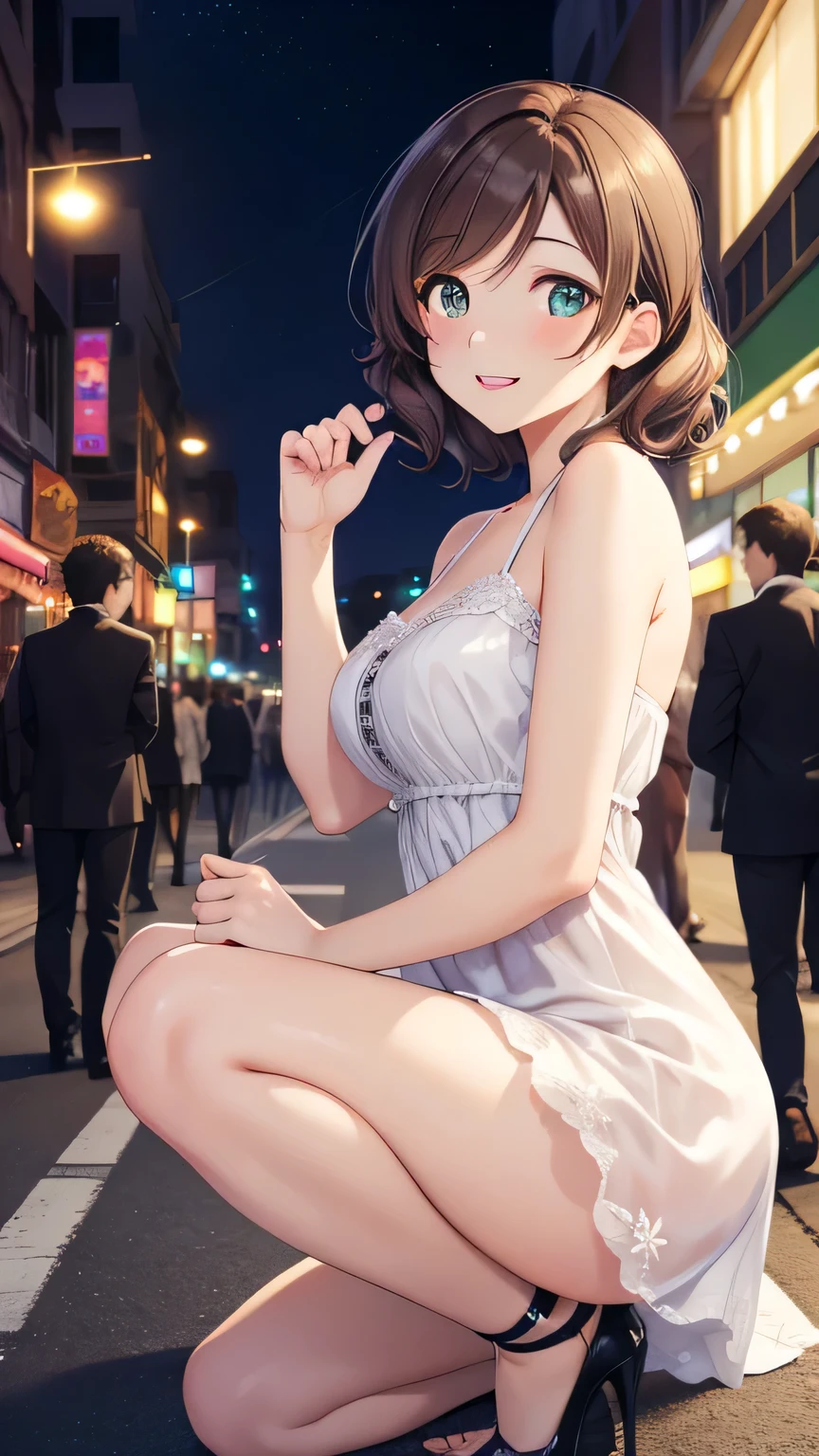 nozomitoujou, nozomi toujou, green eyes, brown hair, short curly hair, masterpiece, best quality, high resolution, beautiful detailed eyes, extremely detailed face, good lighting, detailed CG, messy hair, glossy lips, city street, night, neon lights, crowd, light smile, dress, high heels