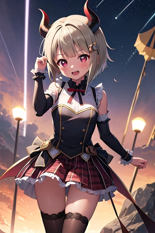 (Best Quality，masterpiece)，One Girl, Alone, Anime screenshots，Ray Tracing，Global Illumination，Ultra-high resolution images，Thunder，thunderstorm，Written boundary depth，Valhalla Castle，cute，Devil Cosplay，night，Tan Hair，Bobcut，Short Hair，ワンレングスBobcut，Asymmetrical Hair，Long hair on the left，Red Eye，Kasumi Nakasu，Devil horns，Laugh out loud，anger