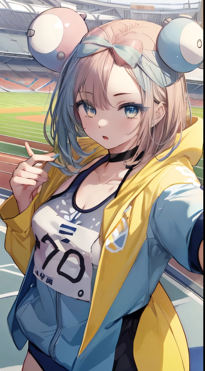 pokemon_Jonah, Jonah, Nanjamo, nsfw, topless, Highly detailed eyesと顔，Athletics, Highly detailed eyes, Ultra-realistic 8k CG，masterpiece（（Detailed background，Delicate pattern，Intricate details, Detailed and beautiful eyes）），The best quality in the best condition，Very very very detailed face，((OlympicStadium)), Small breasts, shy, , Athletics, Olympic競技場, Japan national team players, masterpiece of the highest quality, High resolution, 
Jonah, pokemon_Jonah, Round hair ornament, Yellow hoodie, 1 girl,
whole body, Stadium,Olympic, Looking into the camera, 1 girl, , software, High resolution,masterpiece of the highest quality, ,1 girl, Athleticsのユニフォーム,