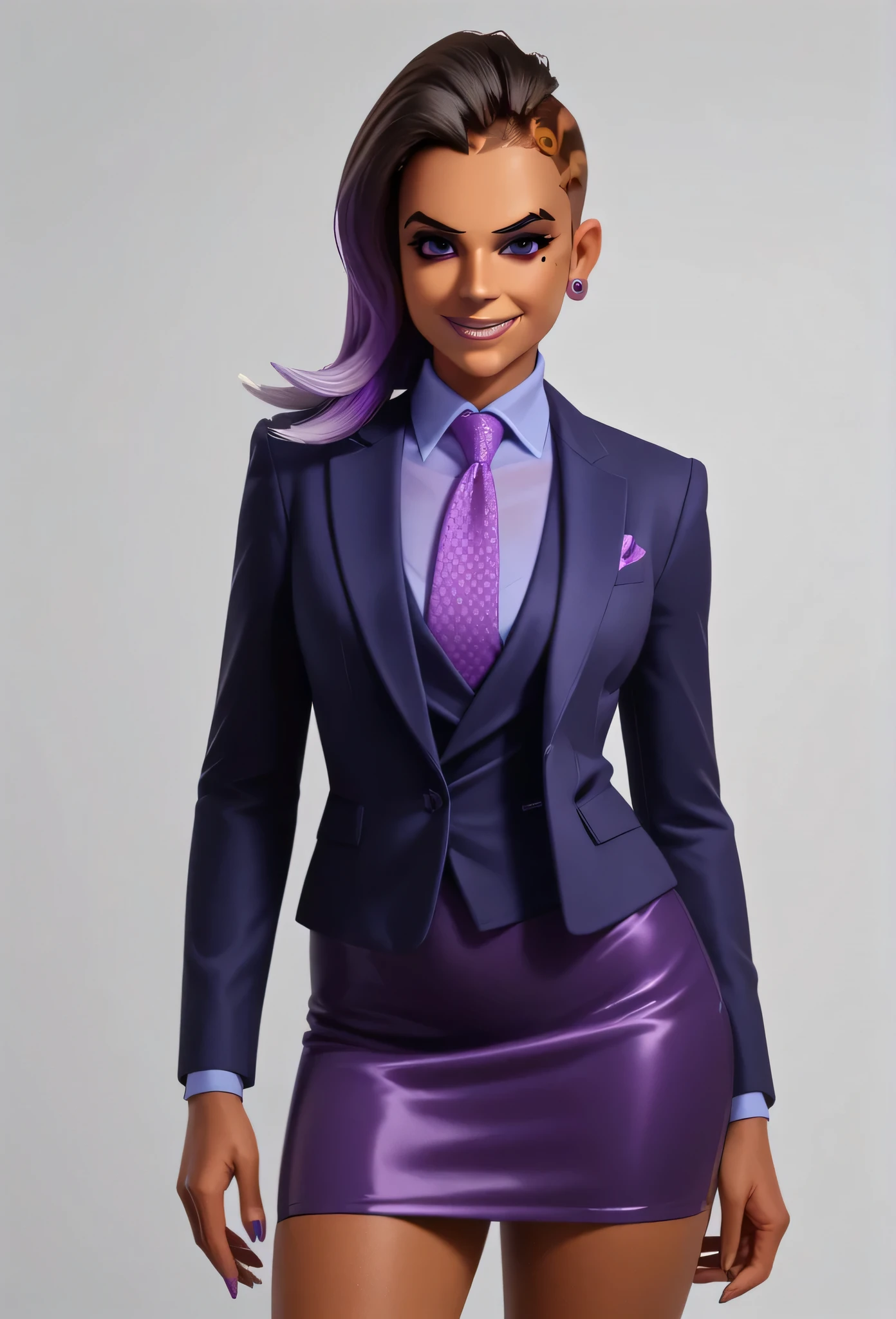 score_9, score_8_up, score_7_up, score_6_up, score_5_up, score_4_up, 3d,
owsombra, smirk, three-piece suit, waistcoat, purple skirt suit, dress shirt, purple necktie, blazer, suit jacket, bodycon pencil skirt, lilac shirt with white collar, suit trim