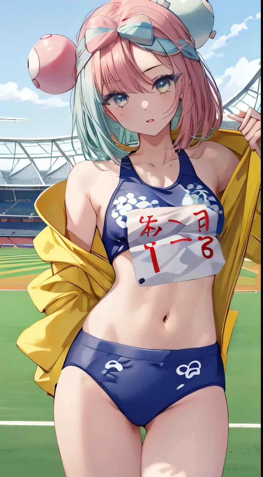 pokemon_Jonah, Jonah, Nanjamo, nsfw, topless, Highly detailed eyesと顔，Athletics, Highly detailed eyes, Ultra-realistic 8k CG，masterpiece（（Detailed background，Delicate pattern，Intricate details, Detailed and beautiful eyes）），The best quality in the best condition，Very very very detailed face，((OlympicStadium)), Small breasts, shy, , Athletics, Olympic競技場, Japan national team players, masterpiece of the highest quality, High resolution, 
Jonah, pokemon_Jonah, Round hair ornament, Yellow hoodie, 1 girl,
whole body, Stadium,Olympic, Looking into the camera, 1 girl, , software, High resolution,masterpiece of the highest quality, ,1 girl, Athleticsのユニフォーム,