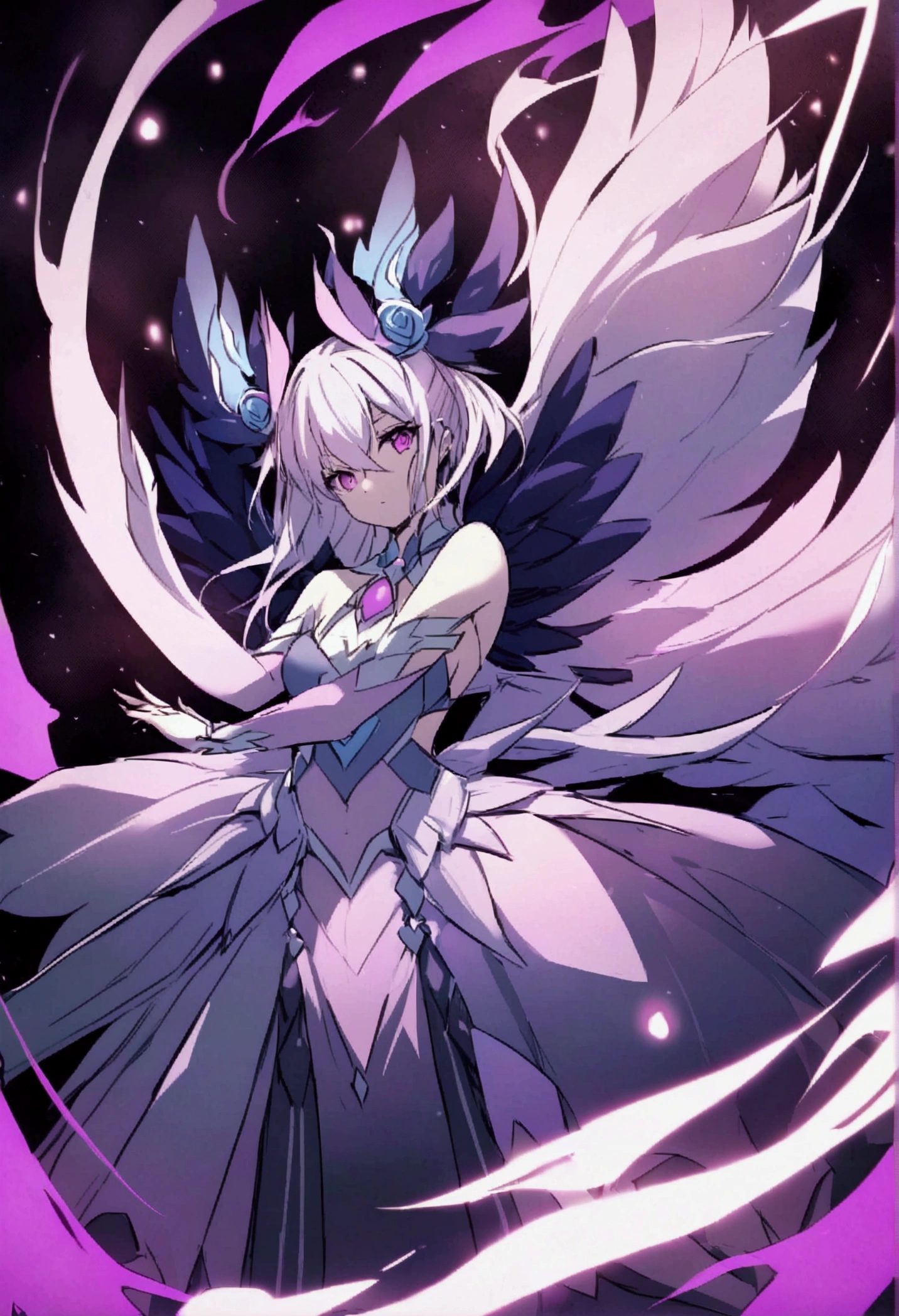 Girl, K HD, 4K, expressionless, anime style, blue eyes, white hair, ((full body)), puzzled eyes, (deformer character) Masterpiece, highest quality, ultra-definition, 4K, ultra-definition illustration, high resolution Beautiful face and eyes , light blue color scheme, lighting, fantasy, solemn atmosphere, long hair, waving hair, smile, fighting posture, dynamic pose, particle light, luminescence, plasma, electric current, blue flame, sense of depth, dynamic angle,angel wing,