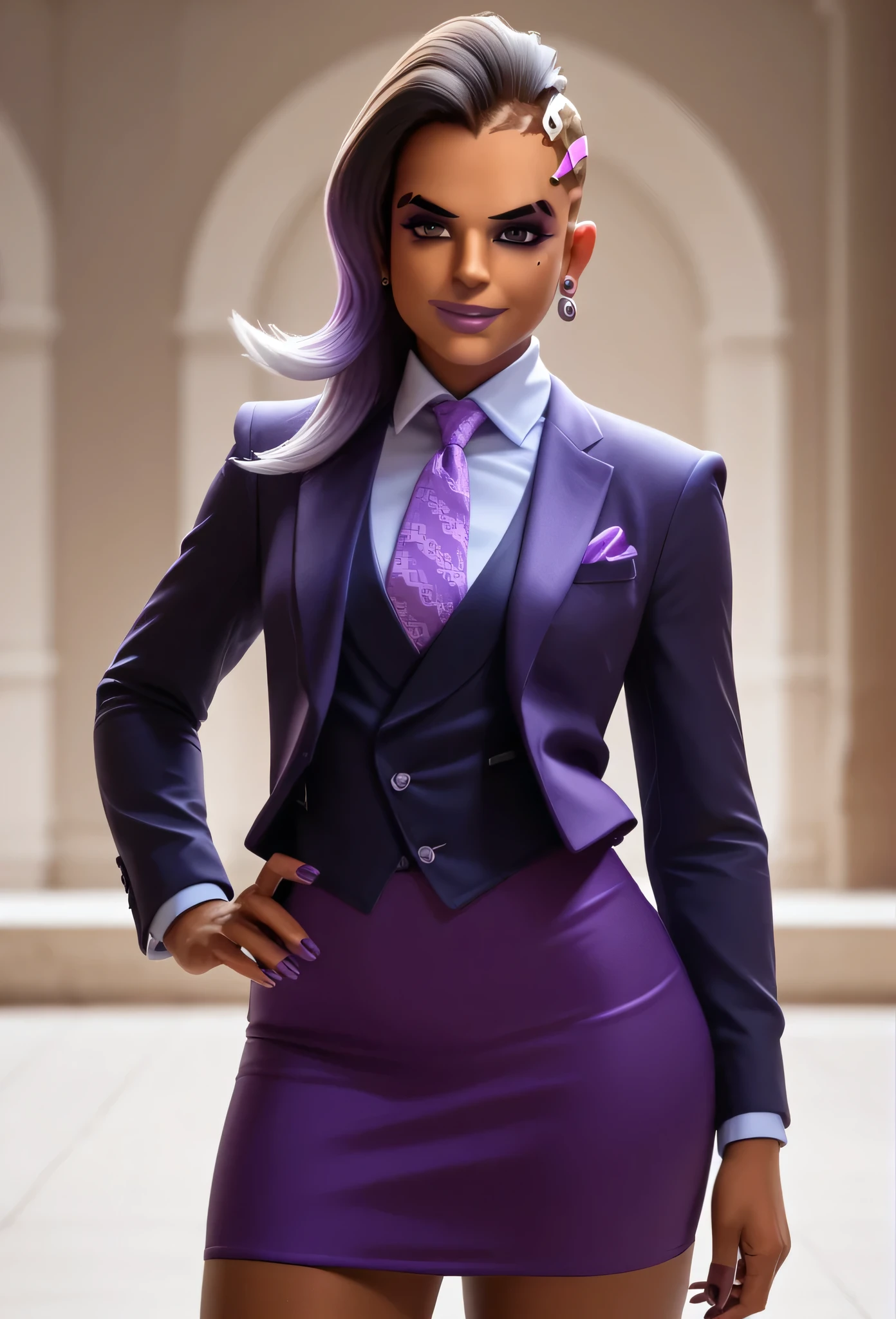 score_9, score_8_up, score_7_up, score_6_up, score_5_up, score_4_up, 3d,
owsombra, smirk, three-piece suit, ((waistcoat)), purple skirt suit, dress shirt, purple necktie, blazer, suit jacket, bodycon pencil skirt, (lilac shirt with white collar), white shirt collar, contrast collar, suit trim, makeup, lipstick