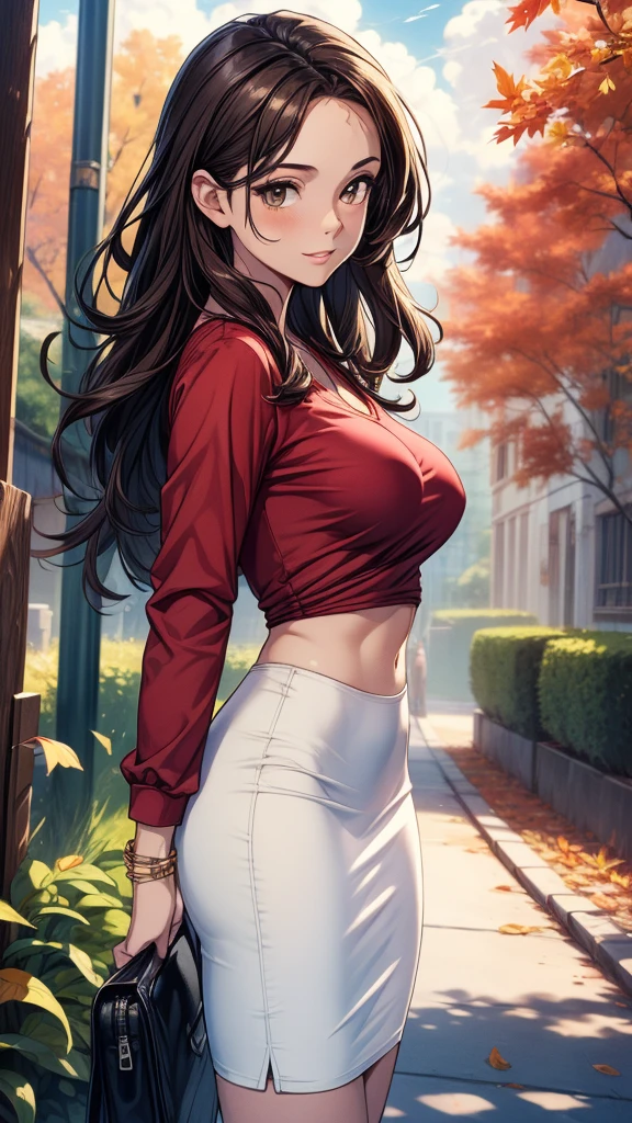 masterpiece, best quality, high detail, beautiful woman, wavy hair, dark brown hair, large bust, red t-shirt, loose t-shirt, unbuttoned jacket, gray midi pencil skirt, knee length skirt, long black stretchy skirt, midriff, upper body, hips, hip bones, sandals, looking at viewer, light smile, garden, backyard,