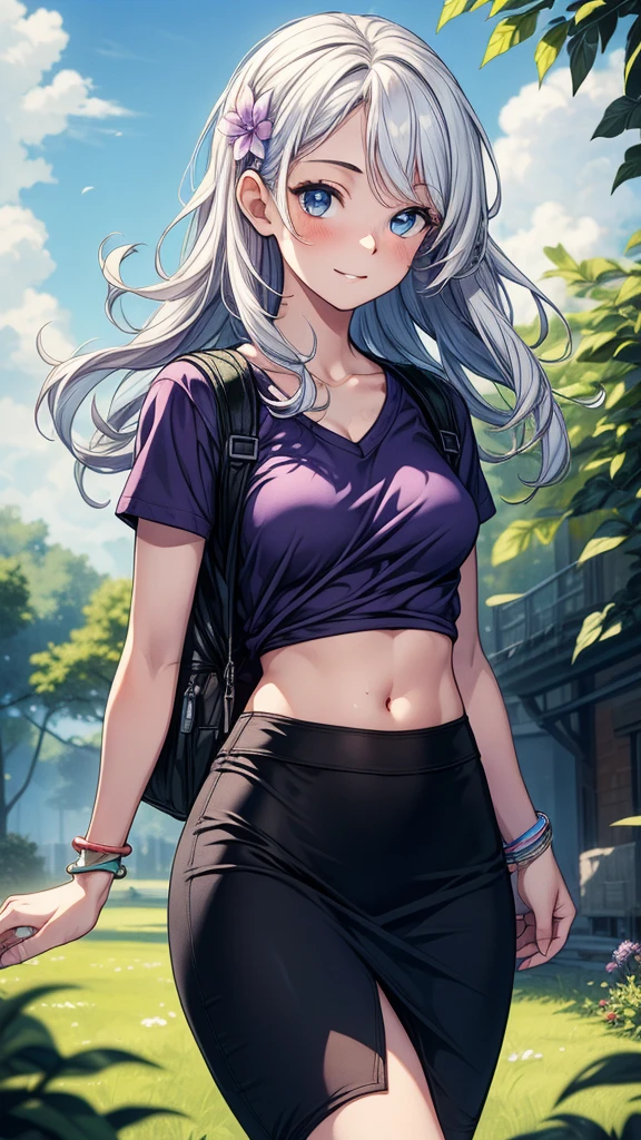 score_9, score_8_up, score_7_up, 1girl, solo, PavoliaReine, bright pupils, long hair, side ponytail, feather hair ornament, sports bra, yoga pants, tight pants, sweat, outdoors, park scene, arms behind back, smile, thighs, <lora:CHAR-PavoliaReinePonyXL:1>