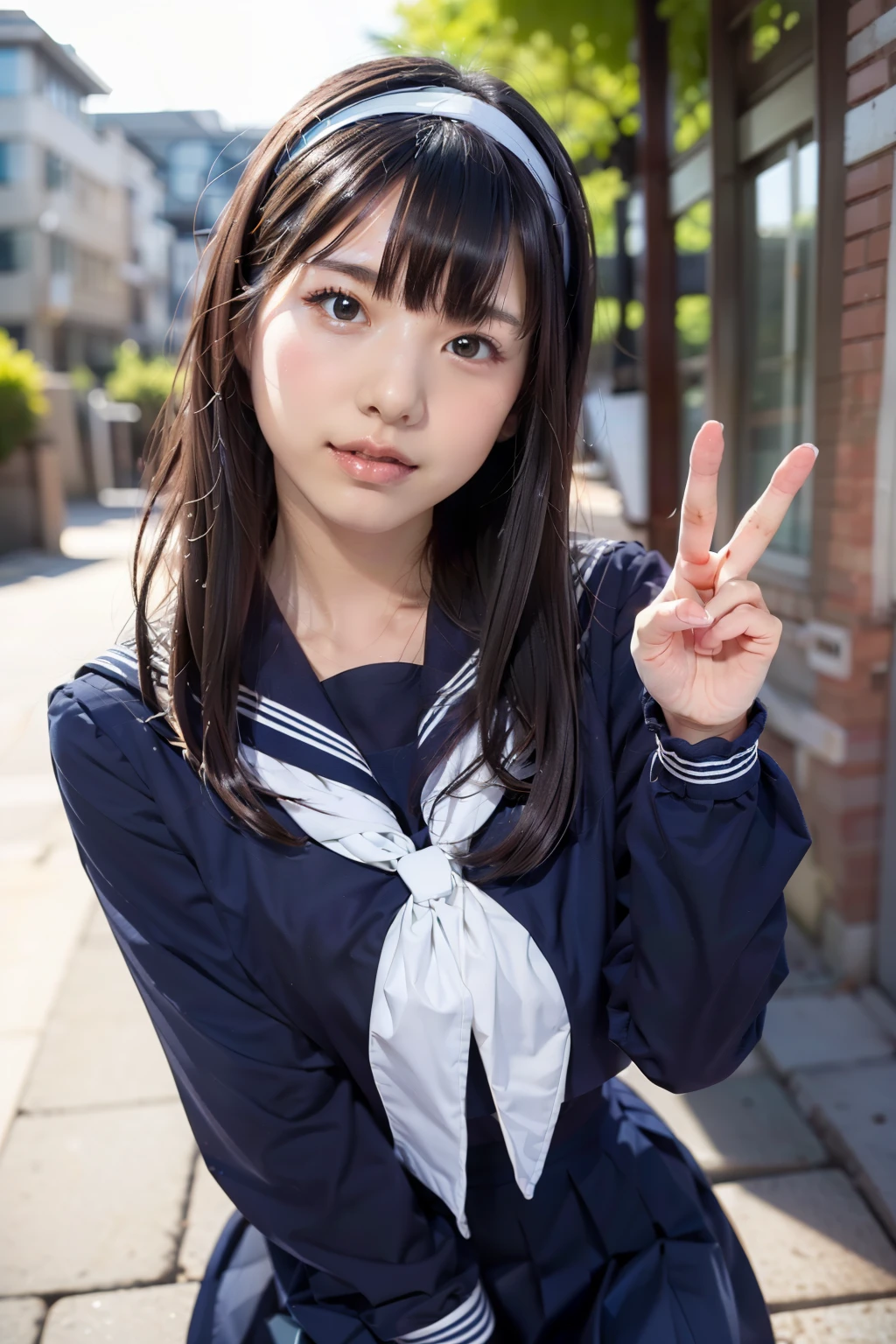 sailor suit, 8k, highest quality, masterpiece, Super detailed, ultra high resolution, realistic, RAW photo, absolute resolution, face is small compared to body, very small face, black hair,  long hair, navy blue sailor uniform, Dark blue skirt, 3D rendering, realistic young school girl, (white headband:1.4), small breasts, expensive, slanted eyes, (school scenery), open your mouth, Long Skirt, looking at the camera, (blurry background:1.4), Peace sign with both hands towards the camera, (The hem of the sailor suit is outside the skirt:1.4), 