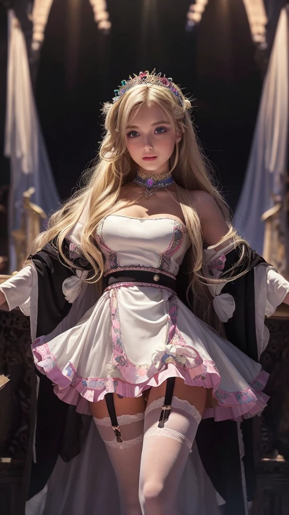 (masterpiece, best quality:1.2), cowboy shot, solo, 1girl, sheryl nome, smile, closed mouth, looking at viewer, strapless dress, corset, layered skirt, thighhighs, bare shoulders, outer space, star (sky)
