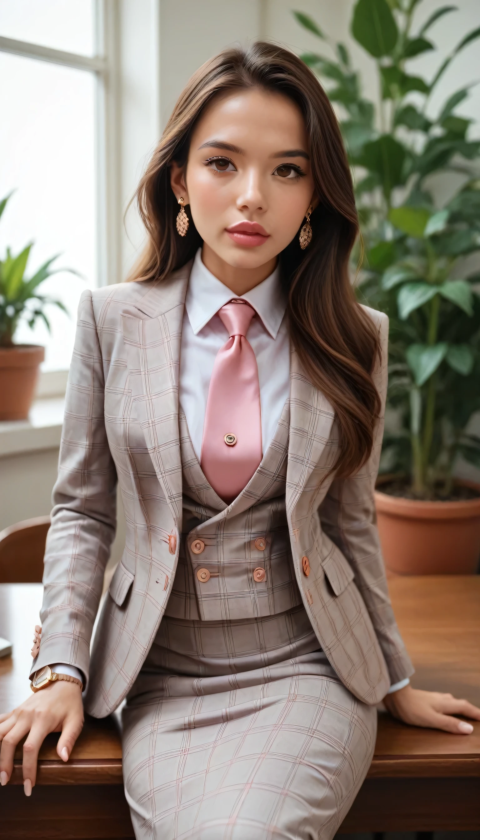 score_9, score_8_up, score_7_up, source_anime, hi res, masterpiece, best quality, highres, three-piece suit, 1girl, jewelry, formal, brown eyes, long hair, earrings, suit, lips, looking at viewer, brunette hair, buttons, plant, striped, pink shirt with white collar, pink necktie, grey jacket, plaid pattern, sitting on desk, high heels, skirt, pocket square, pocket chain watch,