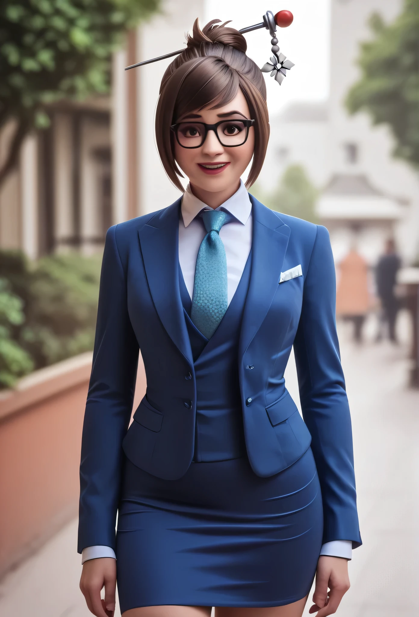 score_9, score_8_up, score_7_up, score_6_up, score_5_up, score_4_up, 3d,
owmei, hair bun, glasses, hair stick, three-piece suit, ((waistcoat)), skirt suit, dress shirt, necktie, blazer, suit jacket, bodycon pencil skirt, (shirt with white collar), white shirt collar, contrast collar, suit trim, makeup, lipstick, smile