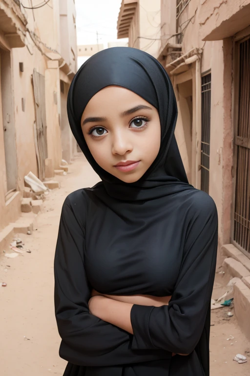 (petite tween african girl), cute dirty, head and shoulders focus, youthful, young, teen, teenager, (looking at the camera), outdoor lighting, huge breasts, hijab, thin, skinny, dainty, delicate, no bra, dirty abaya dress, rags, torn clothes, dirty face, dirty desert alleyway 