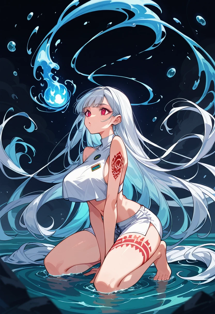 (an adult tensei shitara slime anime character) Rimuru Tempest, with prominent and piercing eyes of a (((scarlet red))), which exude an aura of cold determination and a sharp intelligence, (hair is light heavenly blue), flowing and smooth, neutral beak, cold gaze, reflecting an unshakable personality and an indomitable spirit, The white hood that covers the character's head adds a touch of mystery and nobility, complementing his enigmatic and powerful presence, complete character, {{{ setting in the forest}}}, white skin, highly detailed scenery,