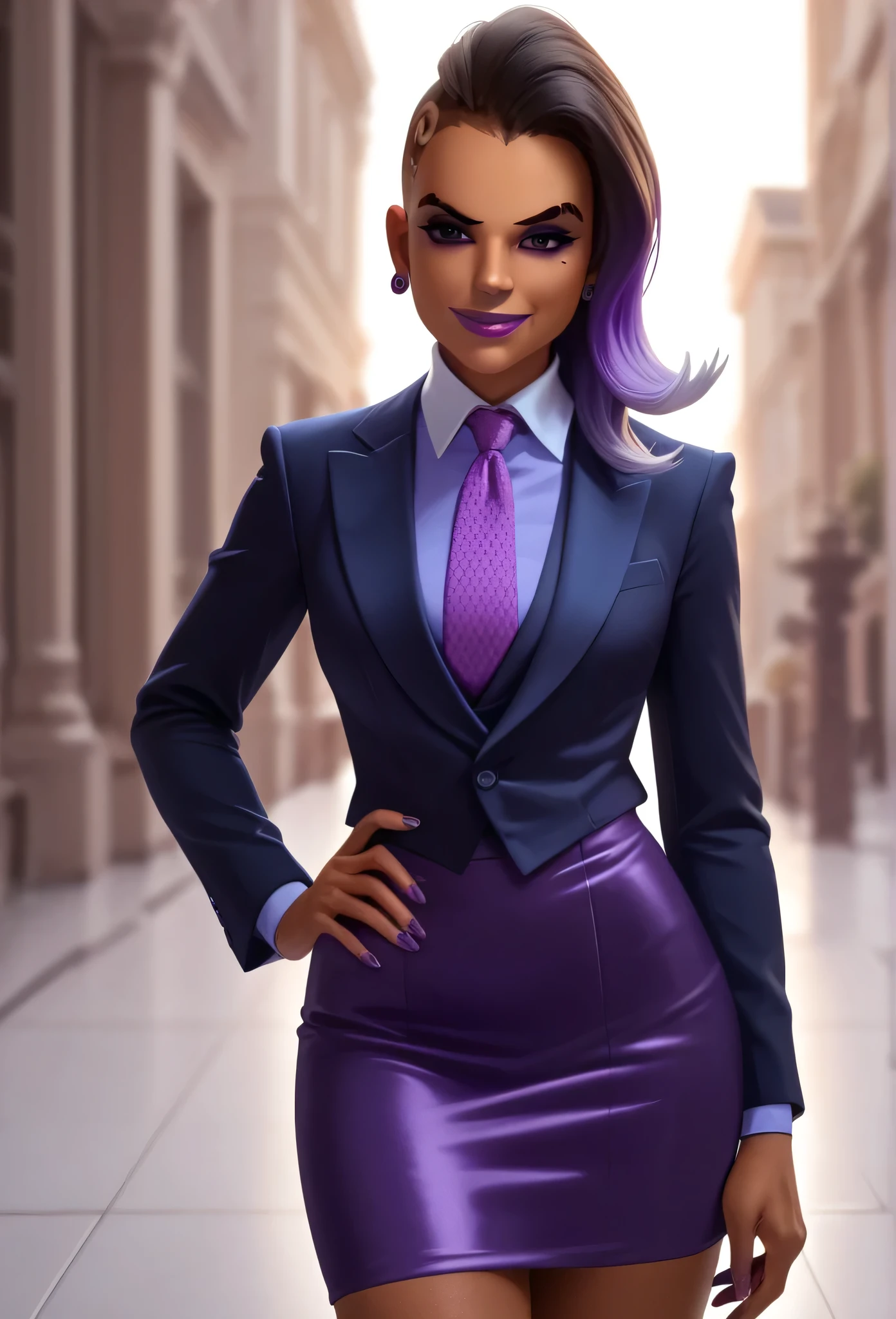 score_9, score_8_up, score_7_up, score_6_up, score_5_up, score_4_up, 3d,
owsombra, smirk, three-piece suit, ((waistcoat)), purple skirt suit, dress shirt, purple necktie, blazer, suit jacket, bodycon pencil skirt, (lilac shirt with white collar), white shirt collar, contrast collar, suit trim, makeup, lipstick