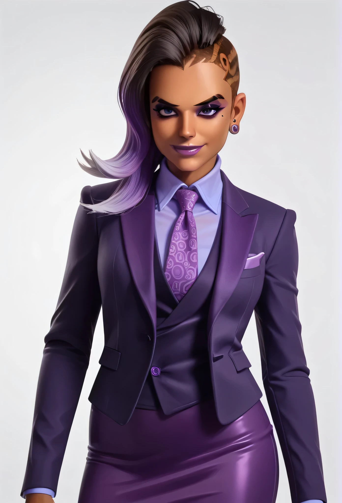 score_9, score_8_up, score_7_up, score_6_up, score_5_up, score_4_up, 3d,
owsombra, smirk, three-piece suit, ((waistcoat)), purple skirt suit, dress shirt, purple necktie, blazer, suit jacket, bodycon pencil skirt, (lilac shirt with white collar), white shirt collar, contrast collar, suit trim, makeup, lipstick