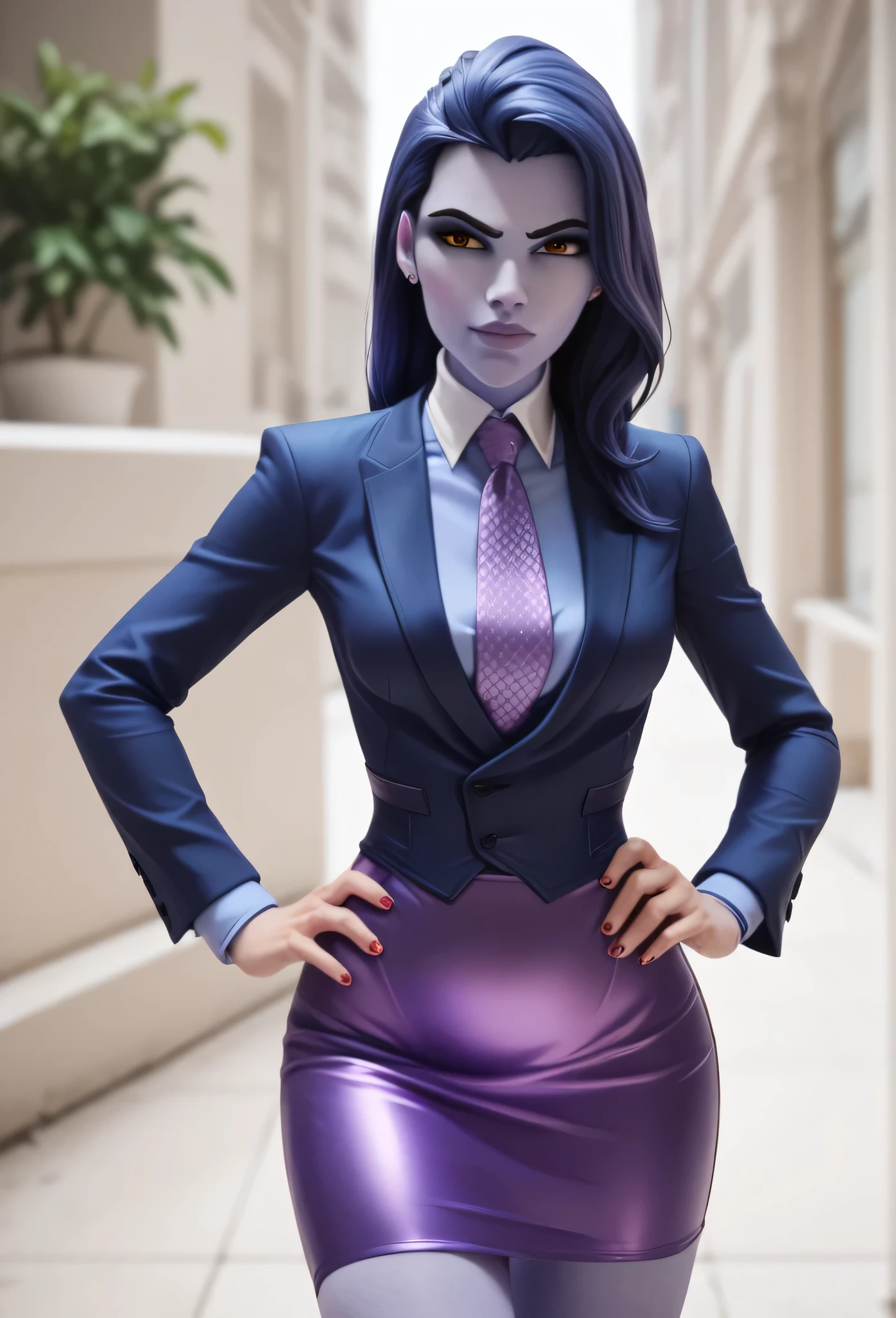 score_9, score_8_up, score_7_up, score_6_up, score_5_up, score_4_up, 3d,
owwidowmaker, smirk, three-piece suit, ((waistcoat)), purple skirt suit, dress shirt, purple necktie, blazer, suit jacket, bodycon pencil skirt, (lilac shirt with white collar), white shirt collar, contrast collar, suit trim, makeup, lipstick