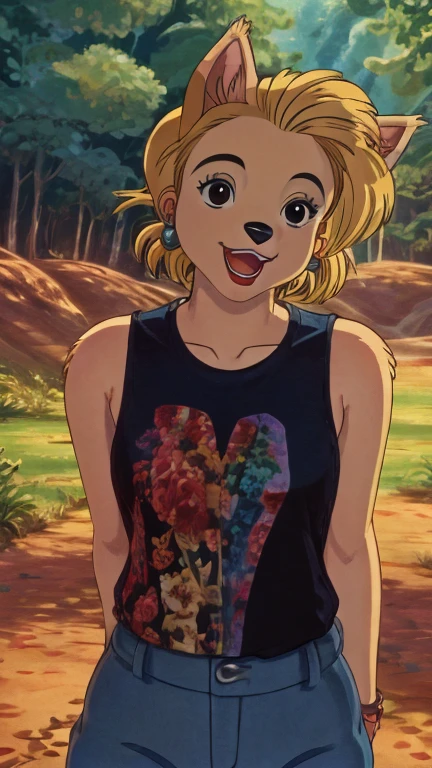 (1girl, solo, furry, dog), highly insanely detailed, masterpiece, top quality, best quality, highres, 4k, 8k, RAW photo),((innocent look)),((ghibli style)),From the front, symmetrical composition,smile,cute,Innocent,Kind eyes,Flat chest,digital art Style, forest landscapes of other worlds, (mdnn),front view, Upper body, looking at viewer, short hair, open mouth, blonde hair, parted lips, teeth, black eyes, wearing 1980s t-shirt and jeans, bold red lip colour