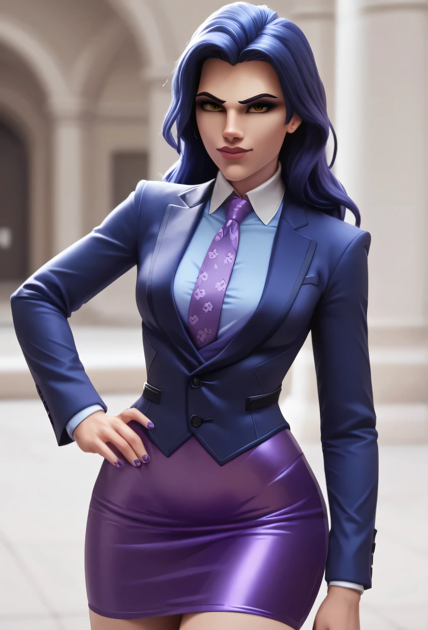 score_9, score_8_up, score_7_up, score_6_up, score_5_up, score_4_up, 3d,
owwidowmaker, smirk, three-piece suit, ((waistcoat)), purple skirt suit, dress shirt, purple necktie, blazer, suit jacket, bodycon pencil skirt, (lilac shirt with white collar), white shirt collar, contrast collar, suit trim, makeup, lipstick