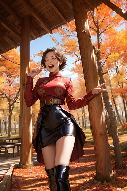 masterpiece, super detail, best quality, 8k, (A photo showing the crotch to the head:1.4)、One Woman、7.5 lifespan、50 years old、housewife、Big smile、Laugh with your mouth wide open、Looks like a lot of fun、Slender figure、Big breasts、throw、Pixie Cut Hair、Shooting from the front、Stroll through the park amid autumn leaves、Blurred Background、A large amount of fallen leaves are falling、Walk towards here、Tight latex T-shirt and knee-length latex pencil skirt with belt、Body-tight latex costume、