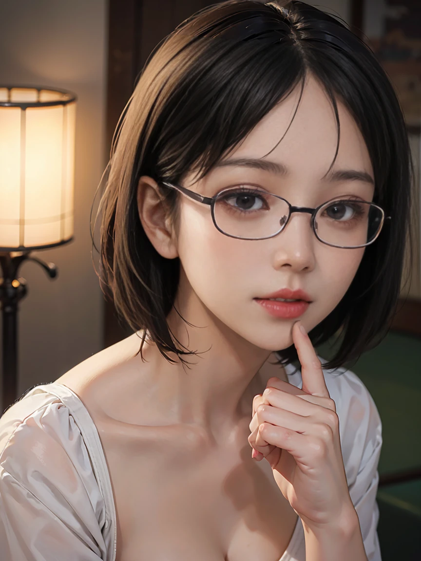 Erotic、Bedroom、Completely naked、slender、Smooth, very beautiful, white skin A girl about 10 years old、Glasses、Black Hair、Sweat、Expressionless、Close-up of face child Small Big eyes Small breasts Look this way