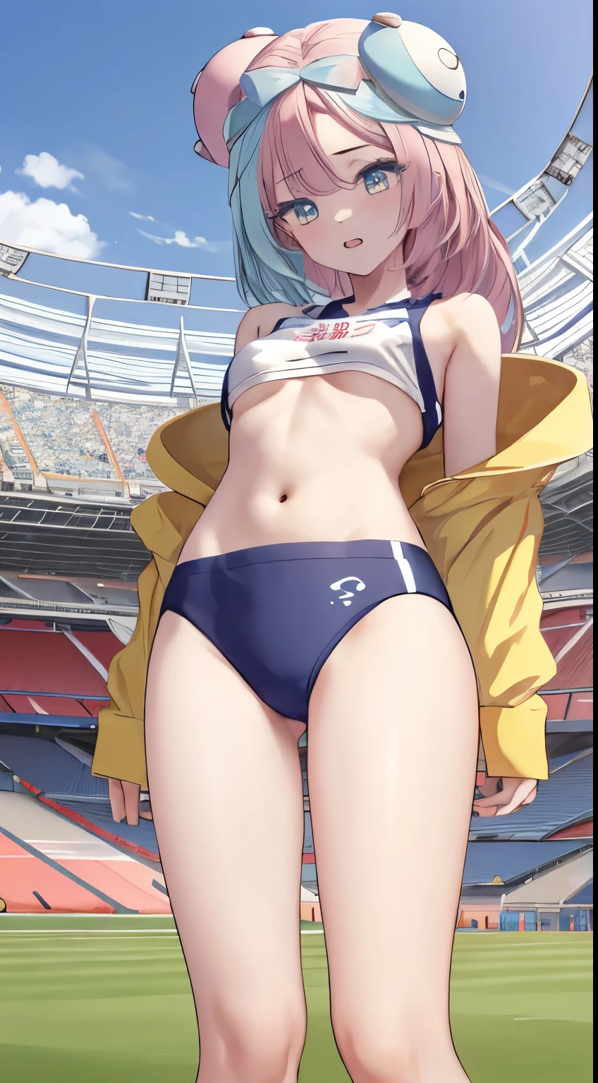 pokemon_Jonah, Jonah, Nanjamo, nsfw, Highly detailed eyesと顔，Athletics, Highly detailed eyes, Ultra-realistic 8k CG，masterpiece（（Detailed background，Delicate pattern，Intricate details, Detailed and beautiful eyes）），The best quality in the best condition，Very very very detailed face，((OlympicStadium)), Small breasts, , Athletics, Olympic競技場, Japan national team players, masterpiece of the highest quality, High resolution, 
Jonah, pokemon_Jonah, Taunt, Round hair ornament, Long Hair, Long Hair, Pink and light blue hair, Jagged teeth, belly button, Underboob, Yellow hoodie, 1 girl, whole body, Stadium,Olympic, Looking into the camera, 1 girl, , software, High resolution,masterpiece of the highest quality, ,1 girl, Athleticsのユニフォーム,