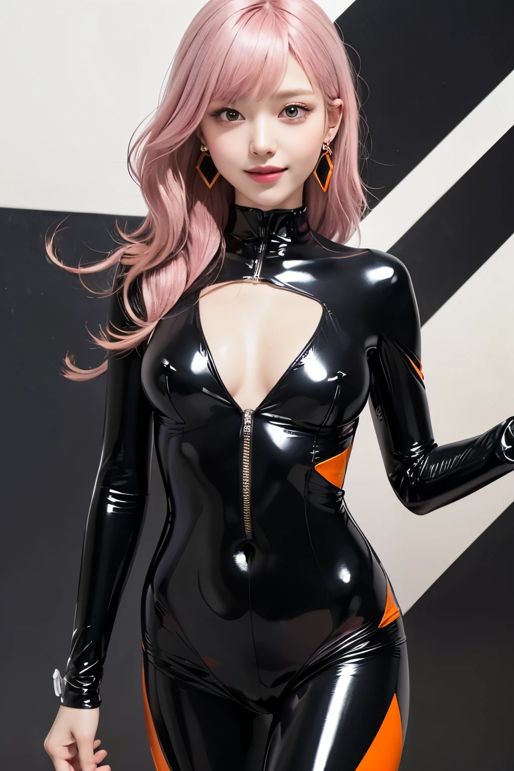(8K, top-quality, masterpiece:1.2), (reallistic, Photorealsitic:1.37), Super Detail, One girl,), (Highly detailed), (beautifully detailed eyes), (of the highest quality), (super detailed ), (masterpiece), (Detailed face),20yr old, ,1 girl, ((pink hair,long hair)), medium breasts, clothed, Perfect Lighting, BREAK, (bright orange catsuit:1.5), (black stripes:1.4), (glossy:1.3), (tight:1.3), (second skin:1.3), (zipper details:1.2), (sheer black:1.2), (statement earrings:1.1), (orange necklace:1.1), (strappy heels:1.1), BRAKE, (upper body to thighs:1.3), (flowing pink hair:1.3), (seductive smile:1.3), (looking at viewer:1.2), (one hand on waist:1.2), (confident stance:1.2), (dark mystical background:1.3), (orange flames:1.2), (dramatic lighting:1.2), BRAKE (steam:1.5)