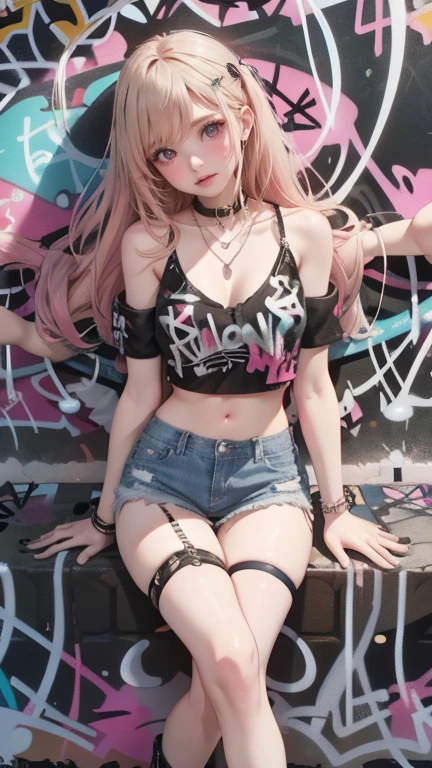 desktop, The best, actual, a woman、blond、alone, Crop top , denim shorts, a necklace、black boots、 (graffiti wall:1.5), paint splash, behind the arm, against the wall, Gaze at the viewer, armband, thigh strap, Apply to body, head tilt, [boring, Colorful hair colors, Aqua eyes,