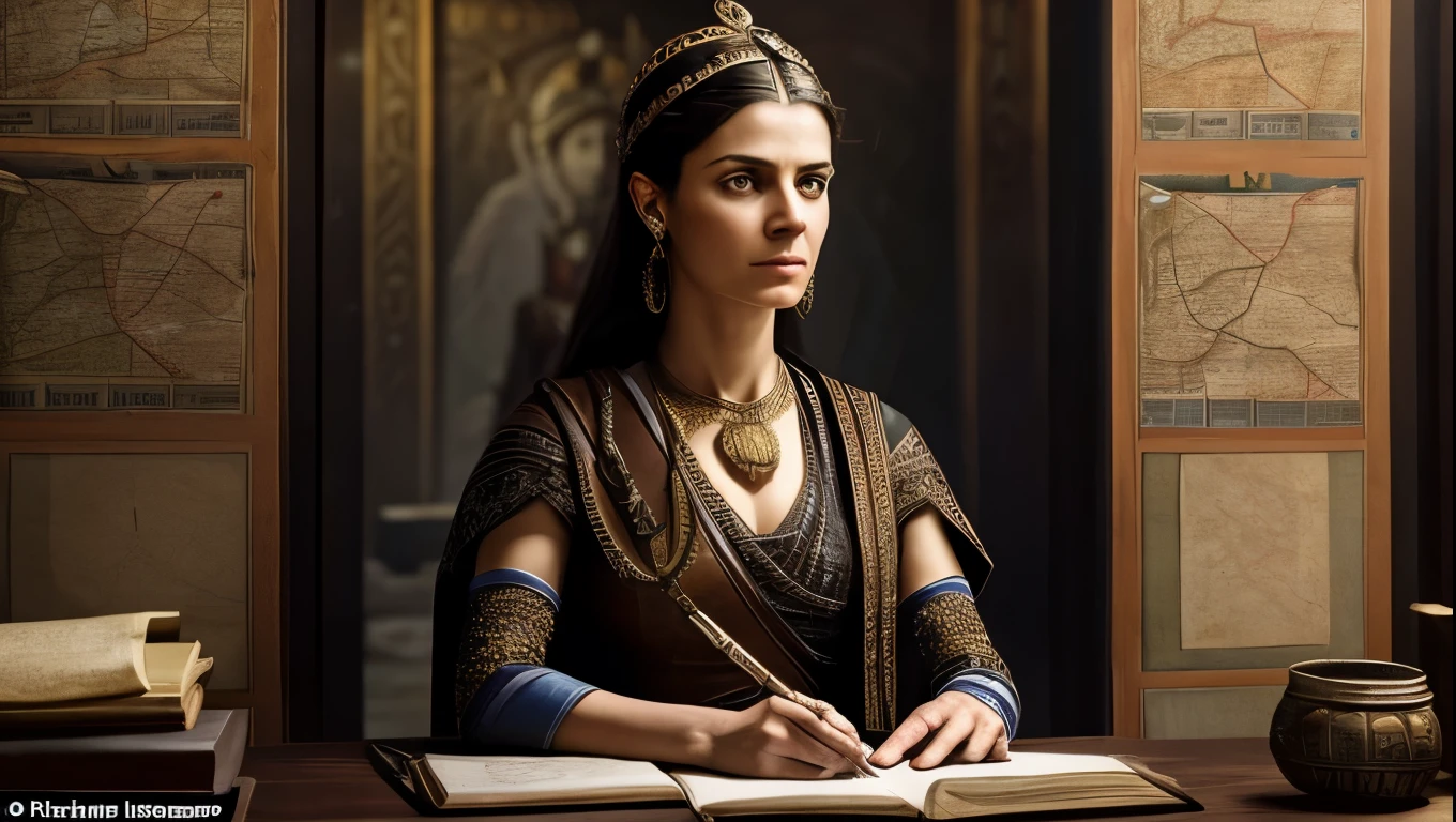 Paint a portrait of Zenobia in her private chambers, surrounded by maps and scrolls as she studies the strategies of her Roman adversaries, her expression a mix of determination and steely resolve as she plots her next move in the ongoing struggle for power and dominance