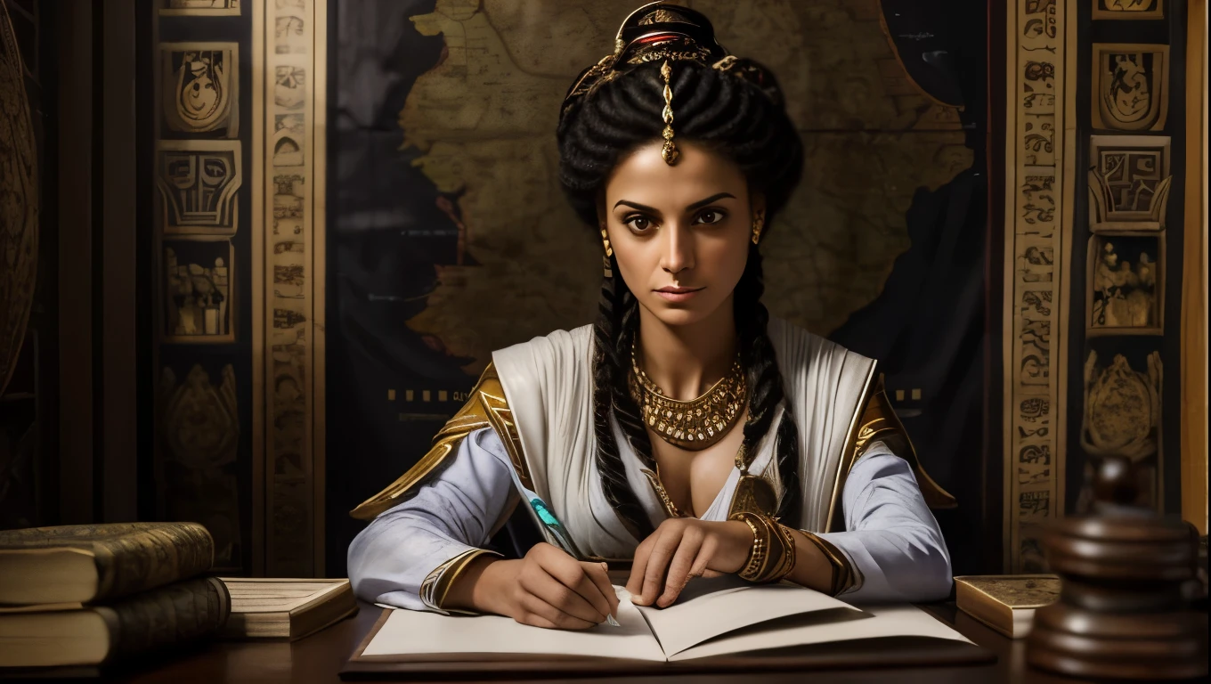 Paint a portrait of Zenobia in her private chambers, surrounded by maps and scrolls as she studies the strategies of her Roman adversaries, her expression a mix of determination and steely resolve as she plots her next move in the ongoing struggle for power and dominance