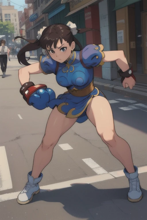 Street fighter chun li smiling, showing armpits and pussy half naked.(((half naked))) city background, full body, white boots.