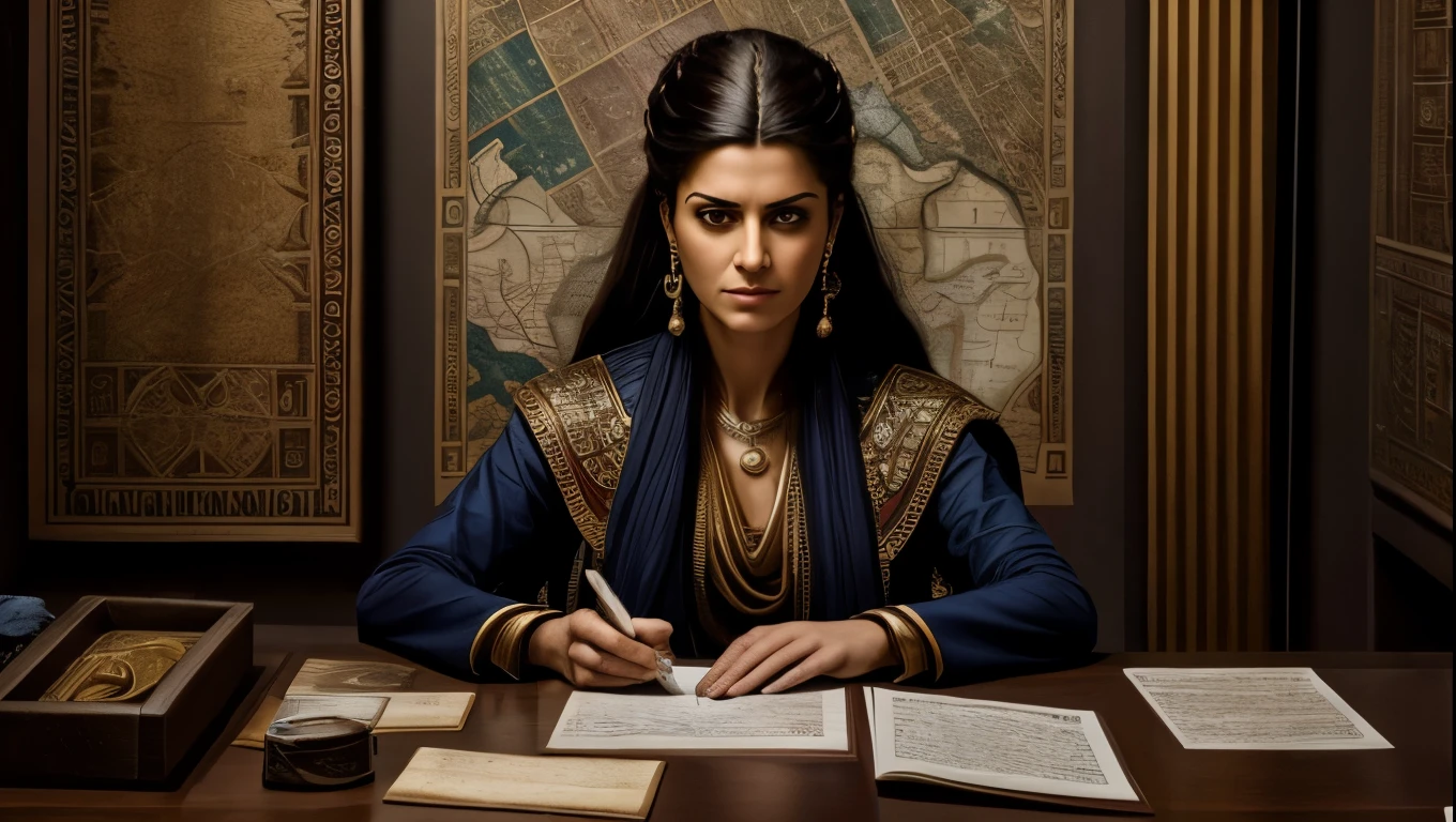 Paint a portrait of Zenobia in her private chambers, surrounded by maps and scrolls as she studies the strategies of her Roman adversaries, her expression a mix of determination and steely resolve as she plots her next move in the ongoing struggle for power and dominance